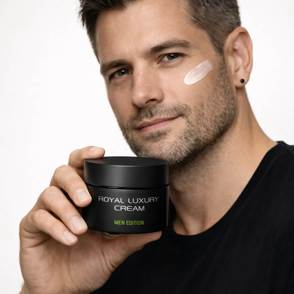 Mann hält den Tiegel der Men Edition neben sein Gesicht, ein Cremestrich auf der Wange