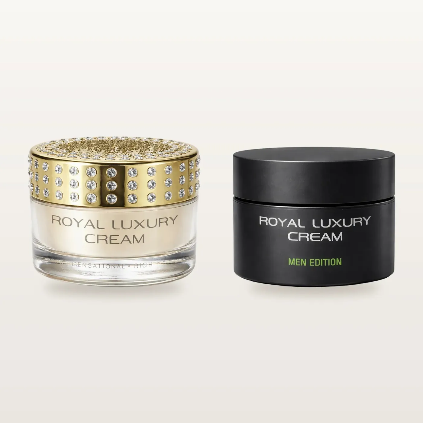Royal Luxury Paar-Set: der goldene Tiegel der Women Edition neben dem schwarzen der Men Edition, 2 × 50 ml
